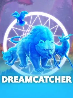 Artistic representation of Dreamcatcher game with vibrant Native American dreamcatcher symbols and serene nighttime backdrop.