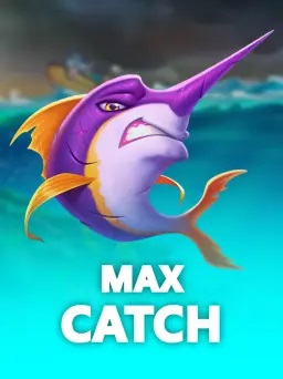 Visual of Max Catch fishing-themed slot game with a fisherman and various fish symbols.
