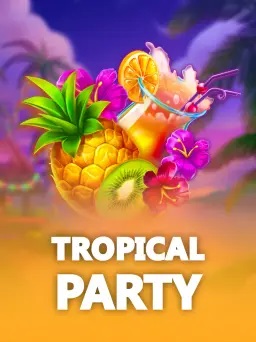 Festive image of Tropical Party slot game with beach party themes, including cocktails, music, and sunset views.